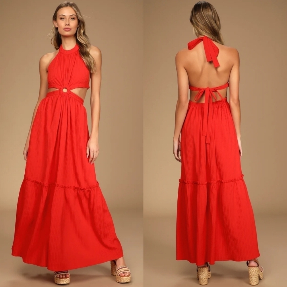Lulus Island Vacay Red Tie-Back Maxi Dress S Wedding Party Vacation Travel